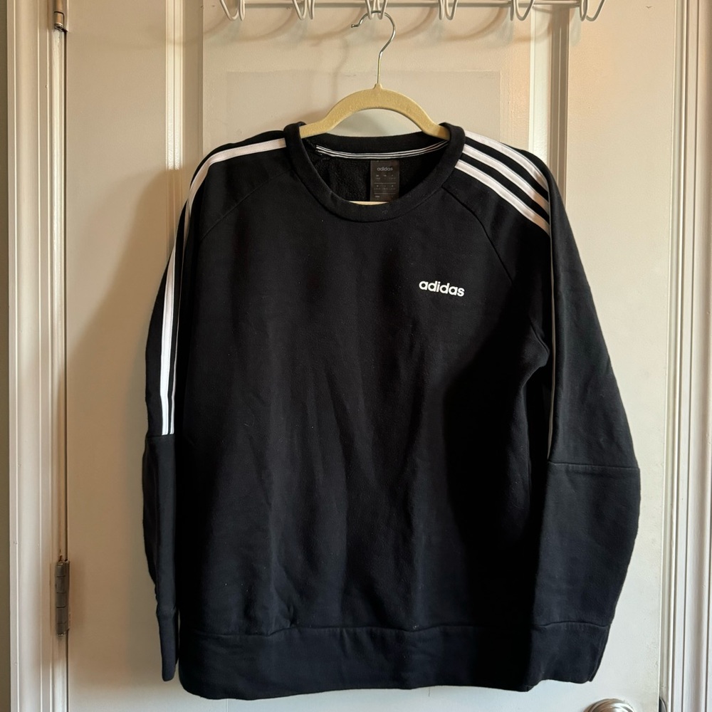 Adidas | Black Crew Neck Classic White Stripes Sweatshirt Size Large